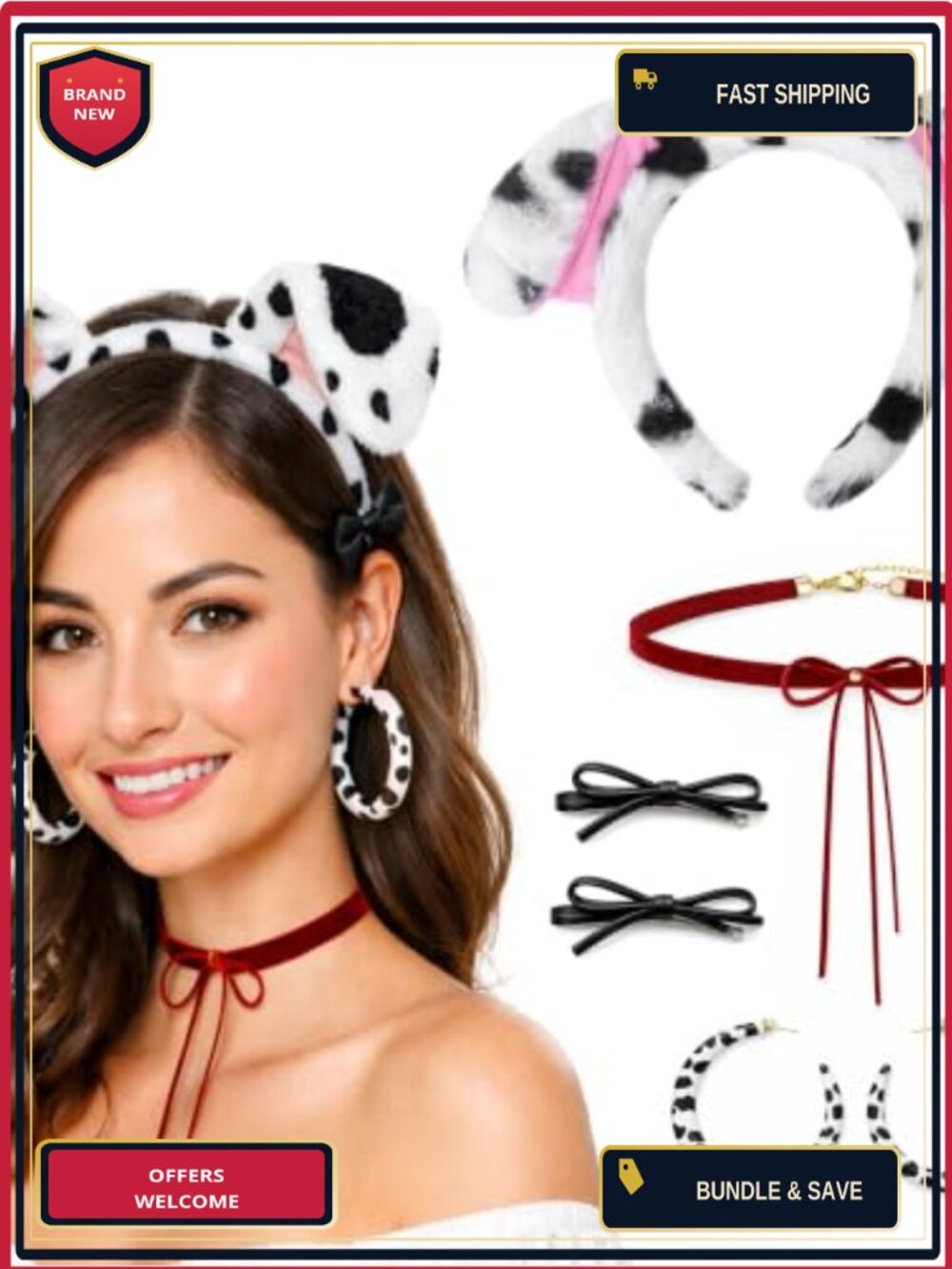 5-Piece Dalmatian Costume Set Dog Ear Headband Hoop Earrings Velvet Choker Hair